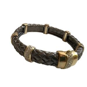 Woven Two Tone Bracelet Magnetic Closure Gray Gold Plated Rhinestones